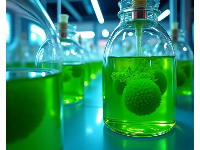 Vibrant green spirulina cultures in a photobioreactor