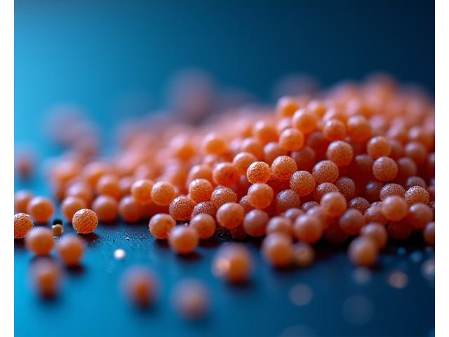 Scientific rendering of salmon feed pellets, highlighting nutritional composition