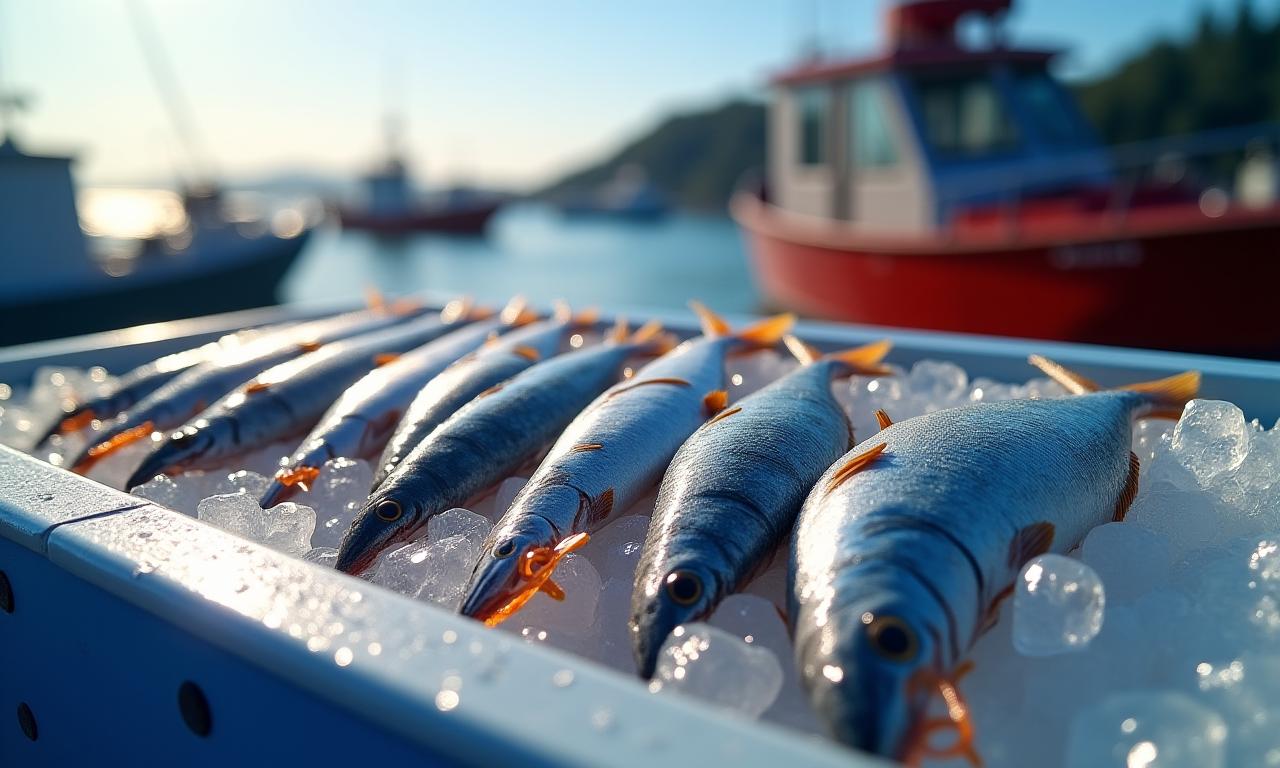An array of fresh herring and mackerel bait displayed on ice, with fishing lures and tackle boxes in the background, set against a vibrant Nova Scotia coastal backdrop.