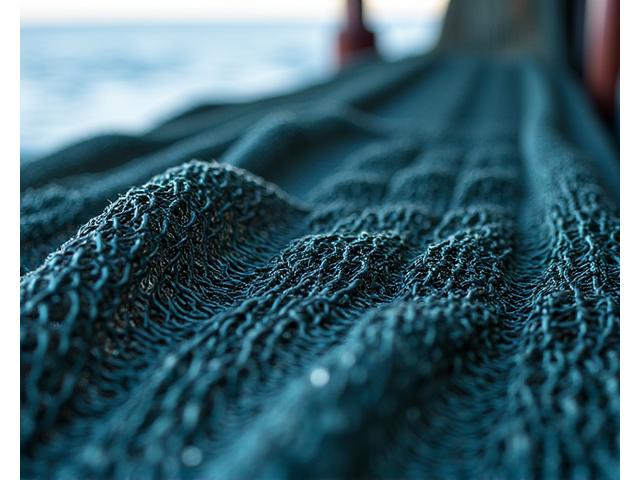 Illustration of a sturdy commercial fishing net, featuring tight mesh and reinforced edges, suitable for deep-sea trawling.