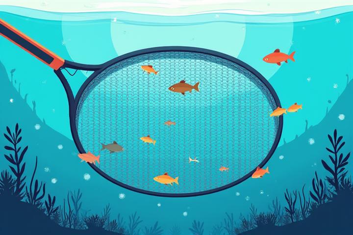 Illustration showing a fishing net releasing bycatch through a grid, clearly demonstrating a selective fishing mechanism.