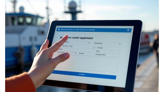 Close-up of a hand filling out a marine safety equipment quote form on a tablet, with blurred fishing boat in the background