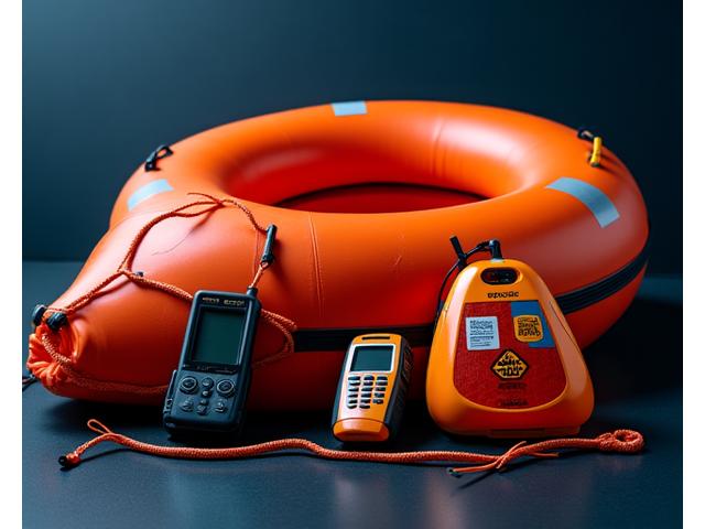 Emergency survival gear including a life raft, EPIRB, and waterproof communication device