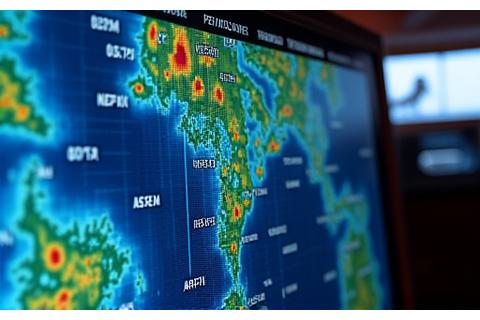 Navigational screen displaying a real-time weather radar overlay with storm fronts approaching, crucial for offshore planning.