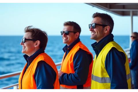Happy, confident commercial fishing crew members wearing safety vests on a well-maintained deck, overlooking the ocean.