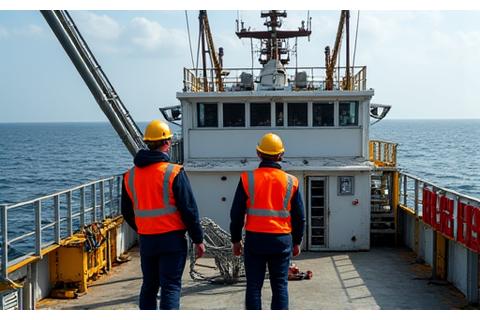 Experienced marine technicians installing robust deck equipment, including winches and cranes, on a commercial fishing vessel.