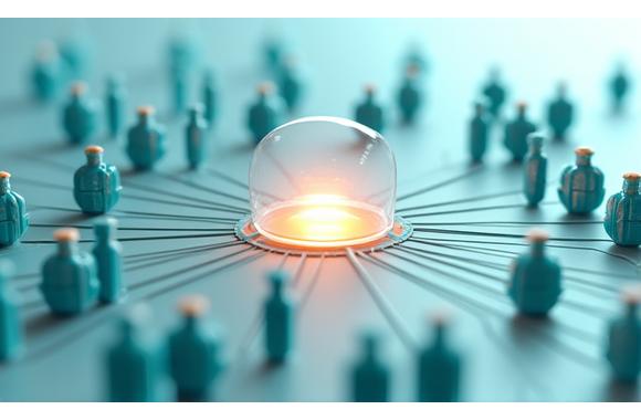 Stylized image of interconnected nodes representing data sharing, with a central protective barrier, emphasizing secure and consented collaboration.