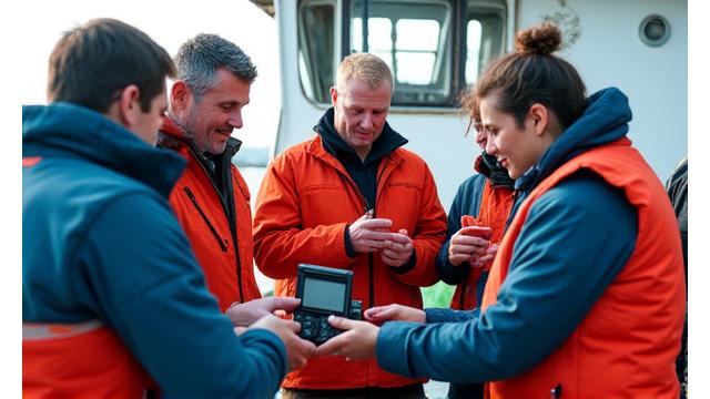 Fishing crew actively engaged in a training session on a boat deck, learning to operate and maintain REM equipment